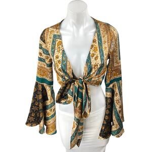 Cider Multicolor Geometric Floral Long Flared Bell Sleeves Crop Blouse Top Sz XS